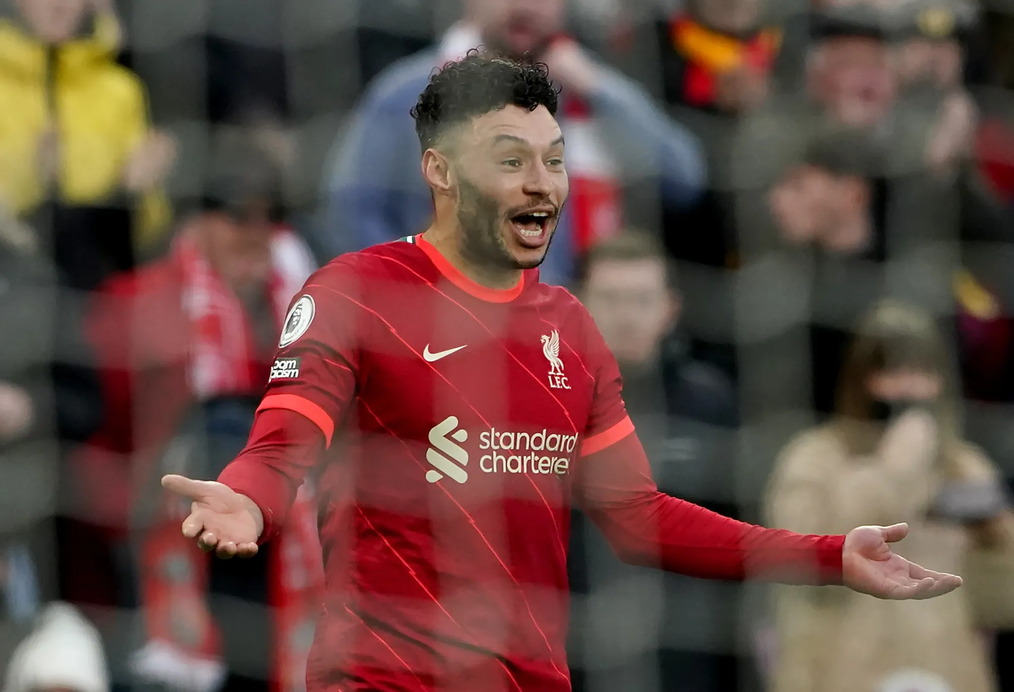 Alex Oxlade-Chamberlain celebrates scoring his first goal at Anfield since 2020