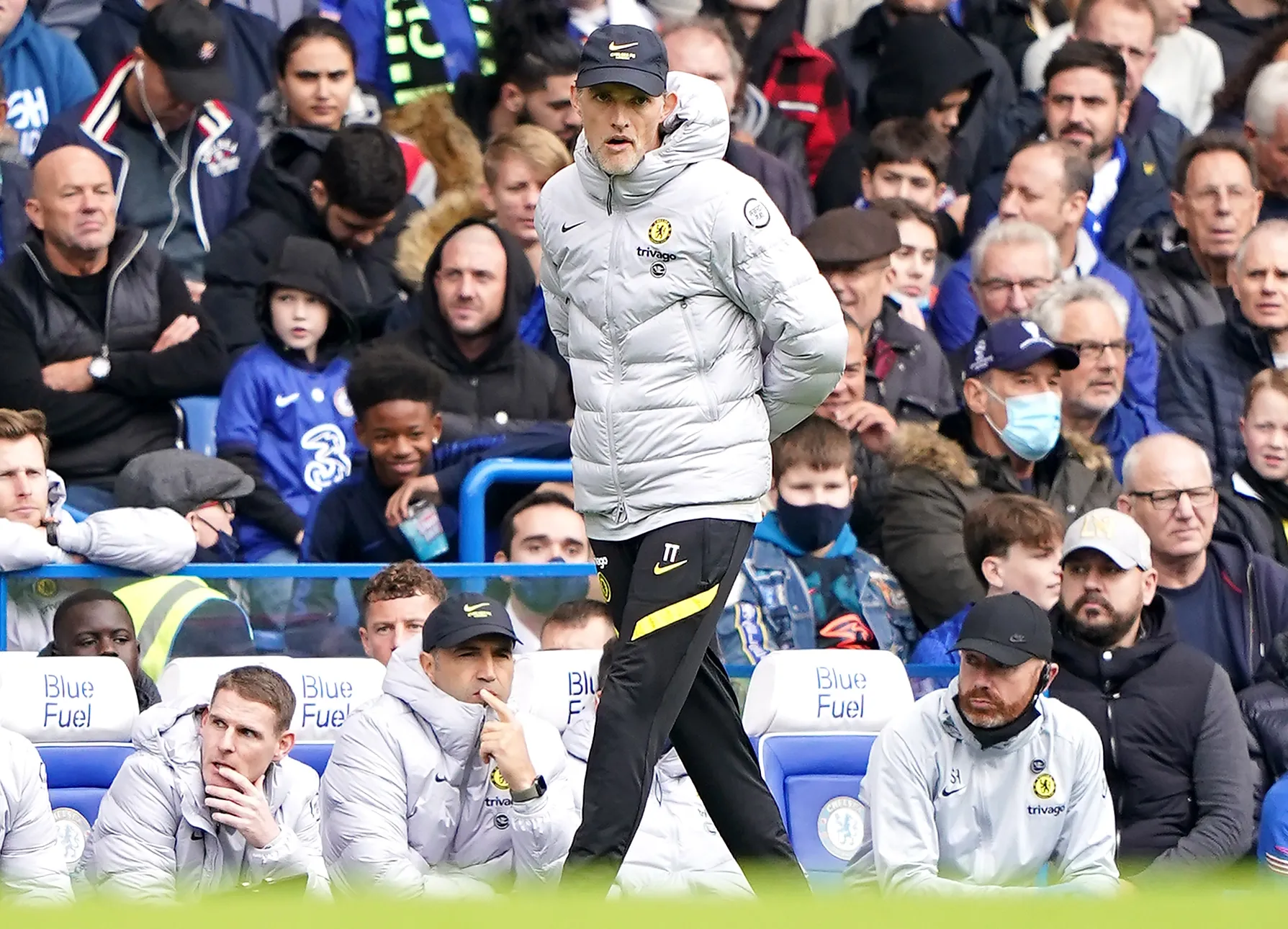 Chelsea manager Thomas Tuchel strides along the touchline