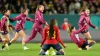 Salma Paralluelo (centre) and her Spain team-mates celebrated their semi-final victory over Sweden (Alessandra Tarantino/AP)