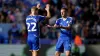 Leicester City’s Jamie Vardy (right) and Kiernan Dewsbury-Hall celebrate the only goal against Bristol City. (Nick Potts/PA)