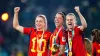 Spain’s Jenni Hermoso, centre, celebrates with team-mates Alexia Putellas, left, and Irene Paredes after winning the FIFA Wo