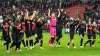 Bayer Leverkusen celebrate Sunday’s victory over Wolfsburg which moved them 10 points clear at the top of the Bundesliga tab