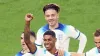 England’s Marcus Rashford celebrates scoring his sides fifth goal with team mates, Jack Grealish, Phil Foden, Harry Kane and