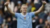 Erling Haaland salutes the fans after City’s latest win (Richard Sellers/PA)