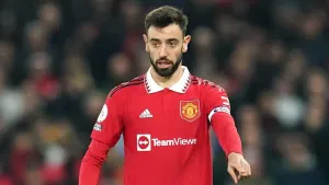 Man Utd’s Bruno Fernandes pictured with crutches and protective ankle boot