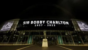 A tribute to Sir Bobby Charlton on giant screens outside Wembley following his death (Steve Paston/PA).
