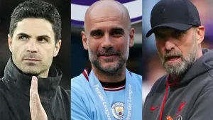 Mikel Arteta, Pep Guardiola and Jurgen Klopp (PA)