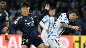 Real Madrid’s Arda Guler scored the only goal in the win at Real Sociedad (Alvaro Barrientos/AP)