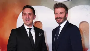 Gary Neville and David Beckham attended last week’s premiere of ’99’ (Peter Byrne/PA)