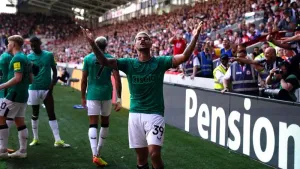 Bruno Guimaraes celebrates scoring Newcastle’s fourth (John Walton/PA)