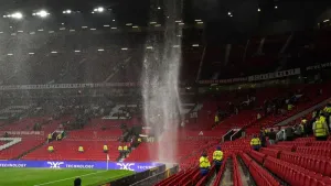 A general view of the roof of the stadium leaking following the match (Martin Rickett/PA)