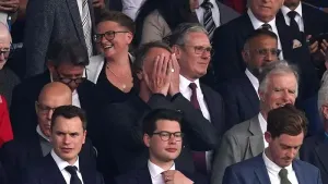 Sir Jim Ratcliffe holds his head in his hands in front of Sir Keir Starmer in the Old Trafford directors’ box (Martin Ricket