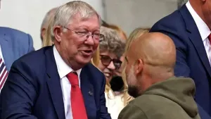 Sir Alex Ferguson greets Manchester City manager Pep Guardiola (Nick Potts/PA)