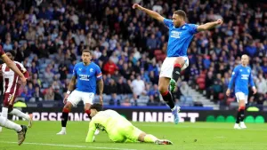 Rangers’ Cyriel Dessers scores against St Johnstone (Steve Welsh/PA)