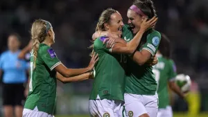 Kyra Carusa, centre, celebrates scoring the Republic of Ireland’s second goal against Georgia (Niall Carson/PA)