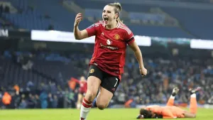 Ella Toone celebrates her hat-trick for Manchester United at Etihad Stadium (Richard Sellers/PA)