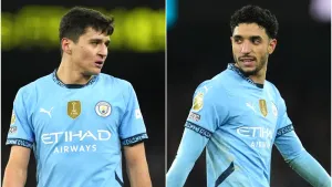 Abdukodir Khusanov (left) and Omar Marmoush made their debuts for Manchester City on Saturday (Martin Rickett/PA)