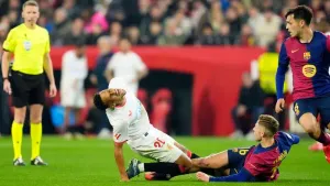 Barcelona’s Fermin Lopez scored and was sent off for a foul on Sevilla’s Djibril Sow (Jose Breton/AP)