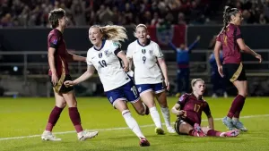 England’s Aggie Beever-Jones celebrates scoring against Belgium (Andrew Matthews/PA)