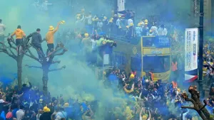 Leeds celebrated their Sky Bet Championship win with fans in an open-top bus parade (Owen Himphreys/PA)