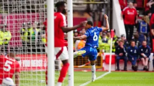Chelsea’s Levi Colwill celebrates scoring the opening goal during the Premier League match at the City Ground, Nottingham. P