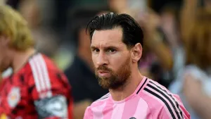 Inter Miami forward Lionel Messi walks on the field for an MLS soccer match against the New York Red Bulls (Michael Laughlin