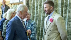 The King meets David Beckham during a visit to the RHS Chelsea Flower Show on May 19 (Paul Grover/Daily Telegraph) (PA)