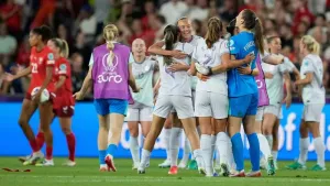 Norway players celebrate after beating Switzerland 2-1 in their opening Euro 2025 match (AP Photo/Martin Meissner)