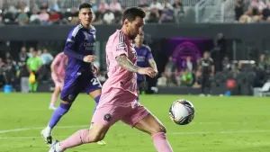 Inter Miami forward Lionel Messi controls the ball during the second half of a Leagues Cup semifinal soccer match against Or