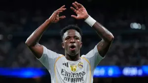 Real Madrid’s Vinicius Junior celebrates scoring his match-winner (Manu Fernandez/AP)