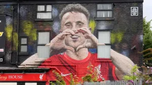 A mural featuring Diogo Jota at the Halfway House pub in Liverpool (PA)