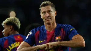 Barcelona’s Robert Lewandowski celebrates scoring his side’s second goal (AP Photo/Joan Monfort)
