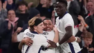 Morgan Rogers (centre) celebrates with team-mates (John Walton/PA)