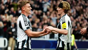 Harvey Barnes (left) celebrates with fellow goal-scorer Anthony Gordon (Mike Egerton/PA).