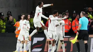 Chelsea’s Jamie Gittens (centre) celebrates with team mates after scoring in the 4-3 Carabao Cup win over Wolves (Jacob King