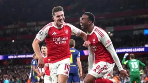 Viktor Gyokeres (left) celebrates Arsenal’s fourth goal against Atletico Madrid (John Walton/PA)