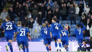 Leicester’s Abdul Fatawu celebrates his stunner (Joe Giddens/PA)