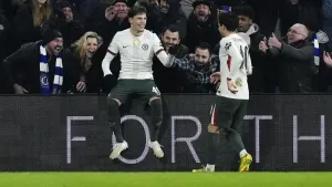Alejandro Garnacho, left, celebrates scoring Chelsea’s opening goal in their Carabao Cup victory at Cardiff (Nick Potts/PA)
