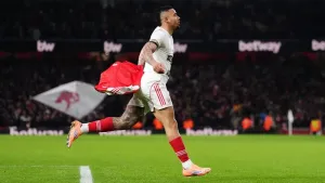 Arsenal’s Gabriel Jesus celebrates scoring the fourth goal (John Walton/PA)