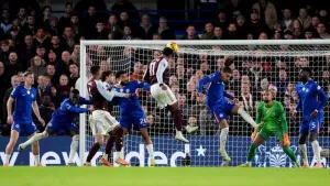 Aston Villa’s Ollie Watkins, centre, scores the winner (Adam Davy/PA)