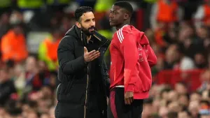 Kobbie Mainoo, right, has struggled for playing time under Ruben Amorim, right (Martin Rickett/PA)