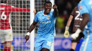 Ephron Mason-Clark (centre) celebrates scoring the winning goal (Mike Egerton/PA)