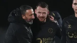 Derek McInnes and Stephen Kingsley celebrate at Falkirk (Andrew Milligan/PA)