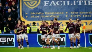 Hearts celebrate Lawrence Shankland’s goal (Jane Barlow/PA)
