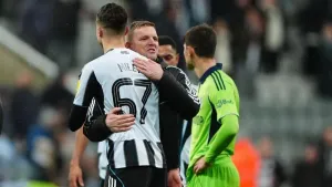 Eddie Howe (right) embraces Lewis Miley after the teenager’s match-winning role (Owen Humphreys/PA)