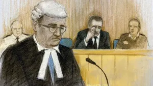 Court artist sketch by Elizabeth Cook of prosecution counsel Paul Greaney KC speaking as Paul Doyle wipes away tears at Live