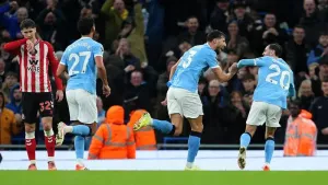 Ruben Dias opened Manchester City’s account against Sunderland (Martin Rickett/PA)