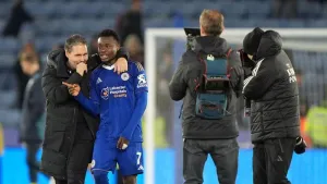 Leicester manager Marti Cifuentes with Abdul Fatawu (Joe Giddens/PA)
