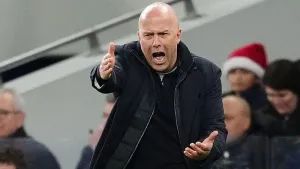 Arne Slot gestures on the touchline during Liverpool’s win at Spurs (Adam Davy/PA)
