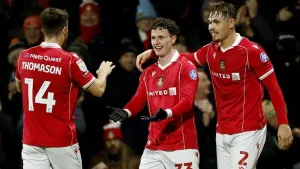 Nathan Broadhead (centre) headed Wrexham in front in the 28th minute (Cody Froggatt/PA)